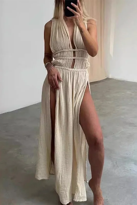 Bonnyshow Sexy Bohemian Solid Slit V Neck Beach Dresses