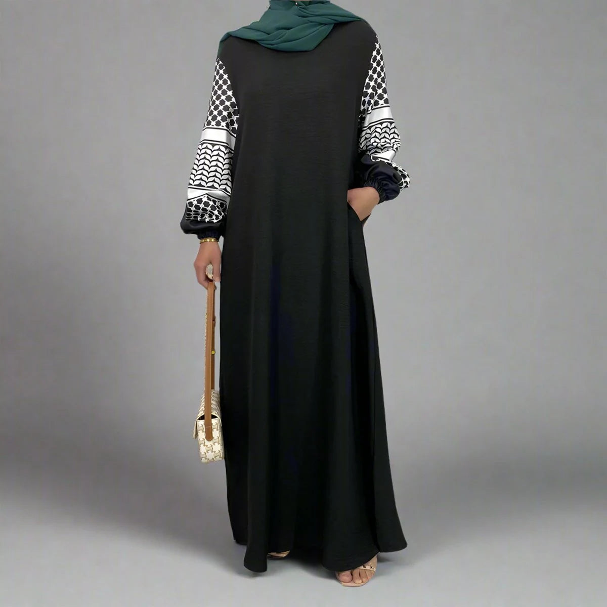 Keffiyeh Abaya Dress With Hooded And Pocket #256827