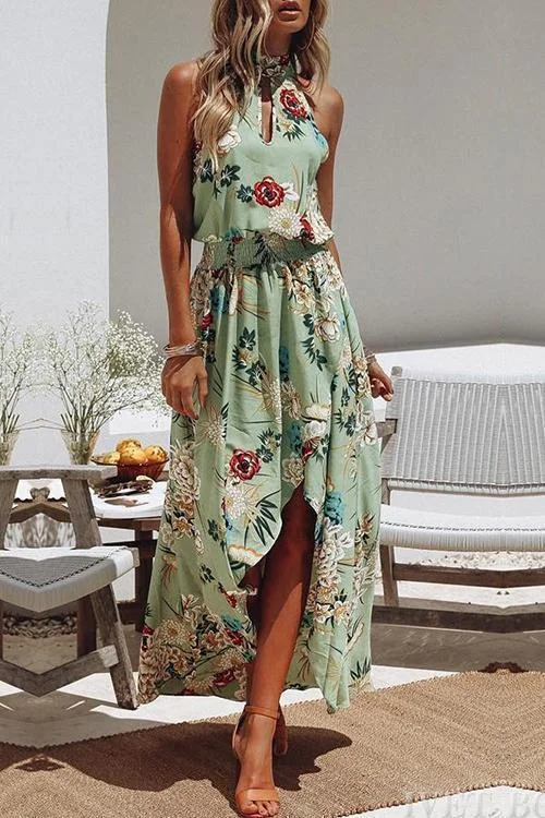Bonnyshow Fashion Round Neck Floral Print Green Dress