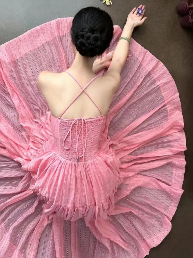 Bonnyshow French Herben-style Pink Lace Up Dress Women's Summer Design waist, off-the-shoulder Pleated Big Swing Slip Bonnyshow French Herben-style Pink Lace Up Dress Women's Summer Design waist, off-the-shoulder Pleated Big Swing Slip
