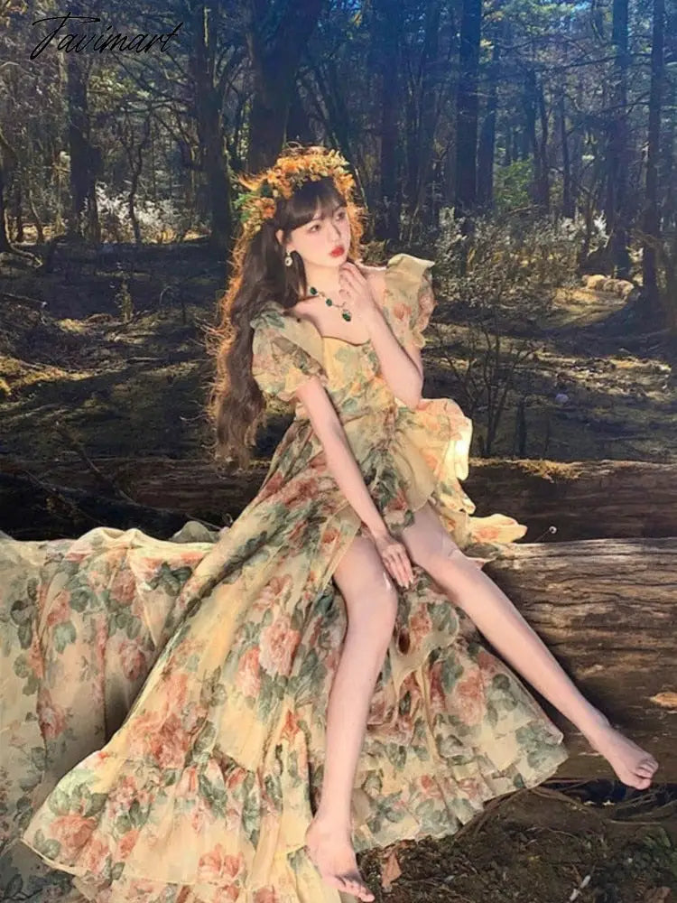 TAVIMART - French Vintage Floral Long Dress Women Organza Elegant Casual Party Fairy Dress Ruffles Holiday Princess Dress Women Summer TAVIMART - French Vintage Floral Long Dress Women Organza Elegant Casual Party Fairy Dress Ruffles Holiday Princess Dress Women Summer