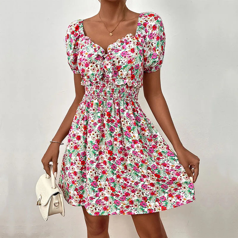 TAVIMART - Summer New Floral Short Skirt with Waistband and Bubble Sleeves Sweet and Spicy Style Dress TAVIMART - Summer New Floral Short Skirt with Waistband and Bubble Sleeves Sweet and Spicy Style Dress