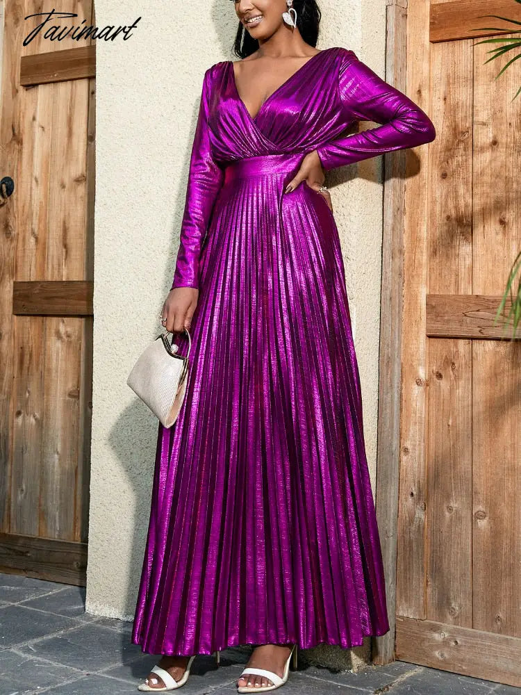 Tavimart Women Long Sleeve Backless Evening Dresses Sprakly Wrapped V Neck High Waist Ruched Pleated Dress Fuchsia Gold Party Night Out