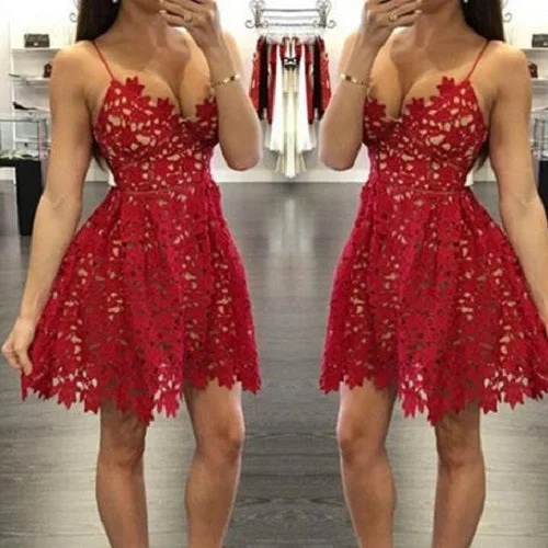 Sexy Red Spaghetti Strap Lace Homecoming Dress Freshsman Formal Dress |Graduation Dress