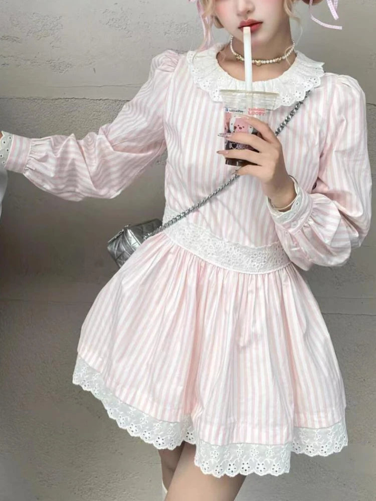 TAVIMART  -  College Style Pink Striped Sweet Dress Women Korean Fashion Patchwork Lace Collar Dresses New Fairy Cute Clothing Winter