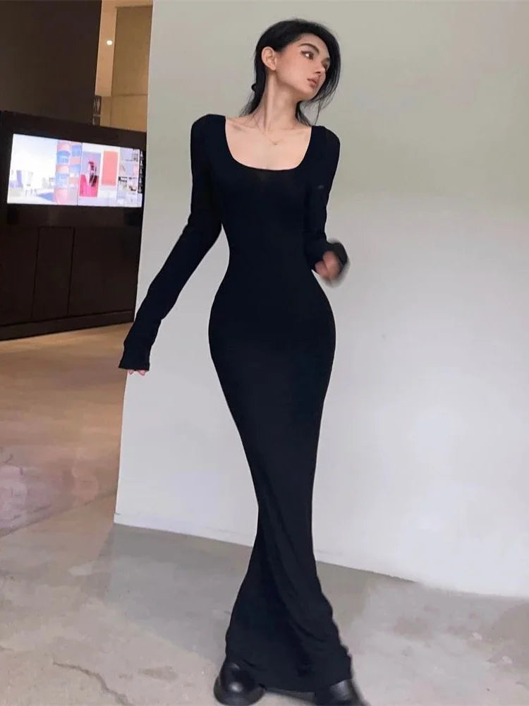 Bonnyshow QWEEK Y2K Sexy Black Dress Women Vintage Wrap Slim Bodycon Long Dresses Party Evening Square Collar  Fashion Spring Outfits