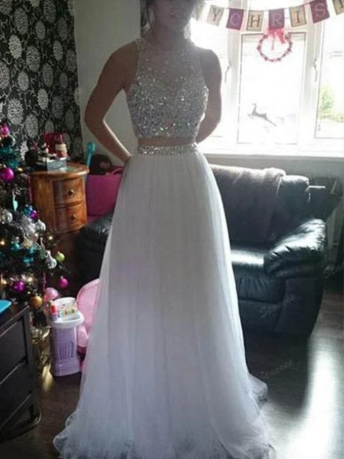 White Two Piece Long Tulle Prom Dress | 8th grade Formal Dress