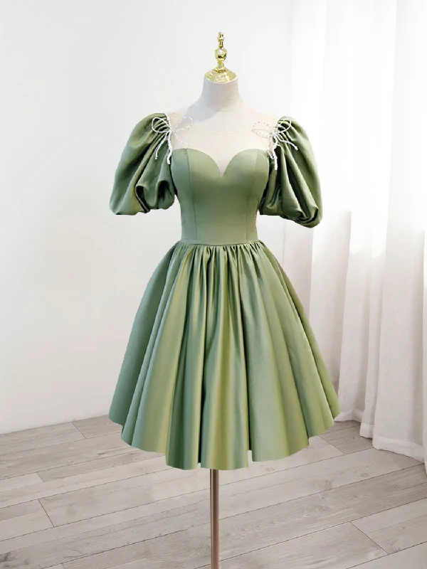 Sage Green Satin Short Homecoming Dress 8th Grade Dance Dress with Bubble Sleeves