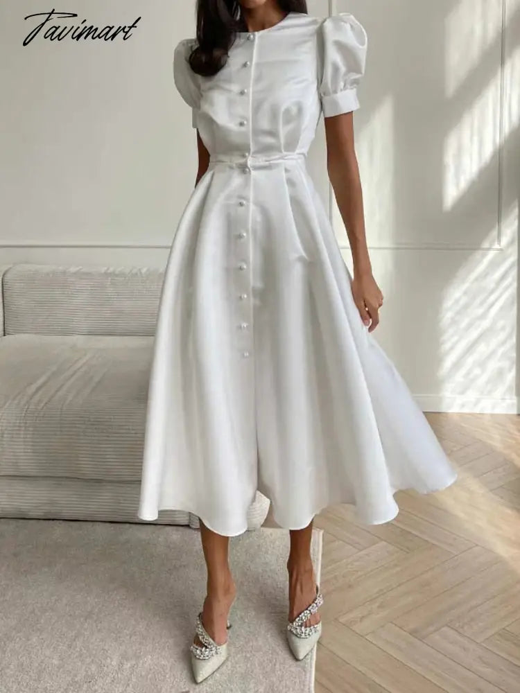 Tavimart Women's Dress Single Breasted Lantern Sleeve A-line Dresses High Waist Split Mid-Length New Elegant and Pretty Dress for Women Tavimart Women's Dress Single Breasted Lantern Sleeve A-line Dresses High Waist Split Mid-Length New Elegant and Pretty Dress for Women