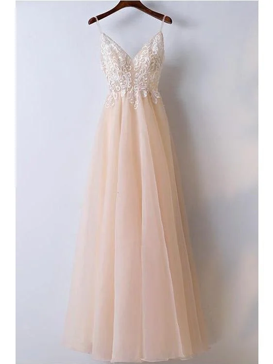 Champagne Lace Top Spaghetti Straps A line Tulle Prom Dress Graduation Dress