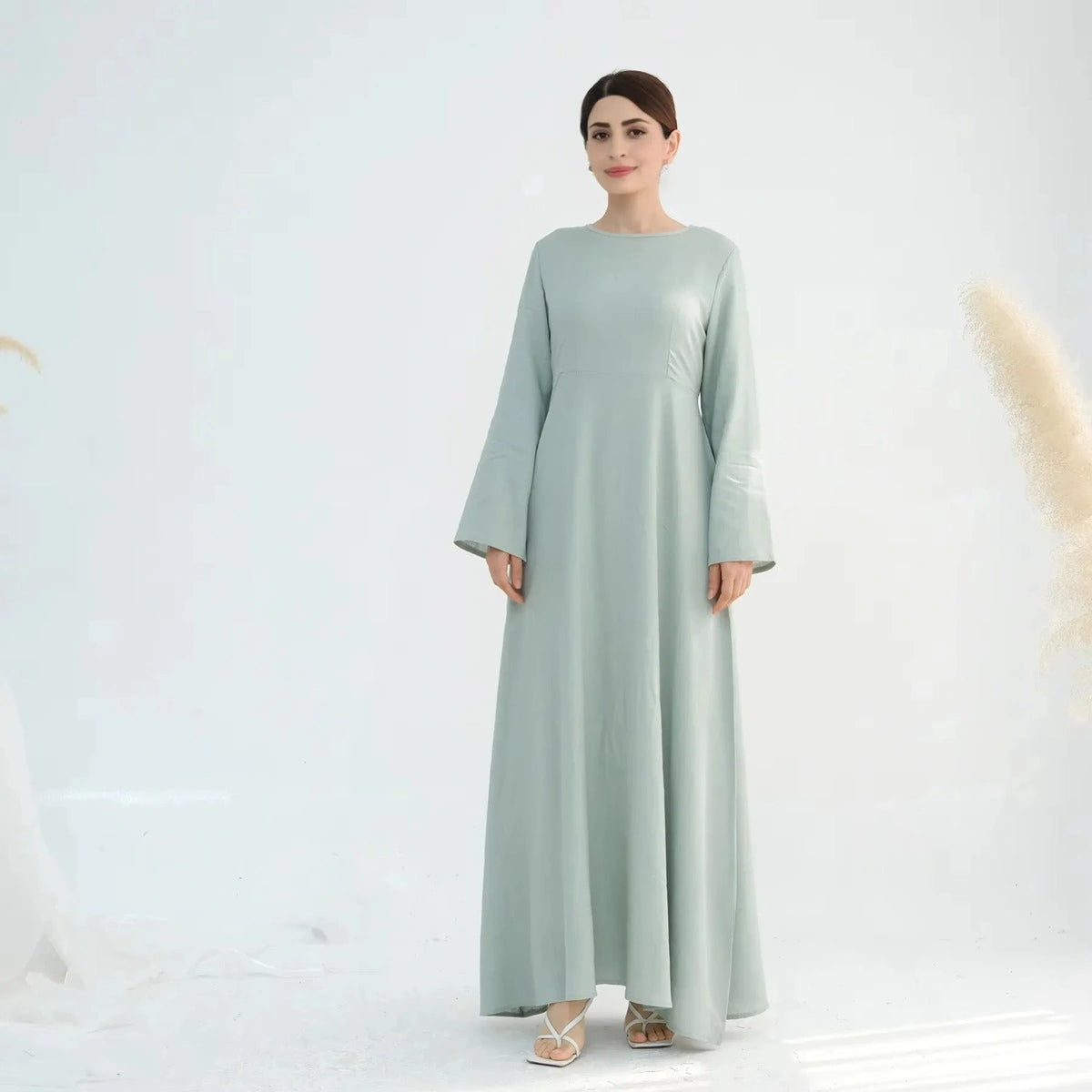 2 Pieces Set Linen Cotton Blended Abaya Dress With Slip Dress And Belt #25947