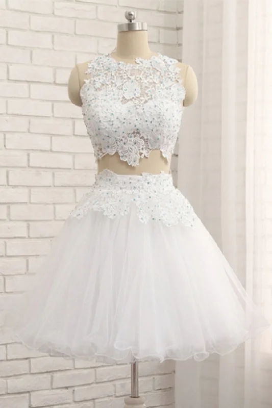 White Lace Juniors Prom Dress Two Piece Homecoming Dress