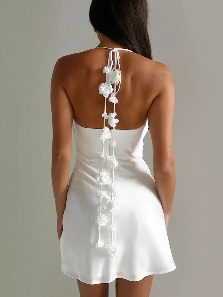 Bonnyshow Slim Sleeveless Open Back Dress For Women Floral Suspenders Summer White Dresses Birthday Party Sexy Vestidos De Mujer