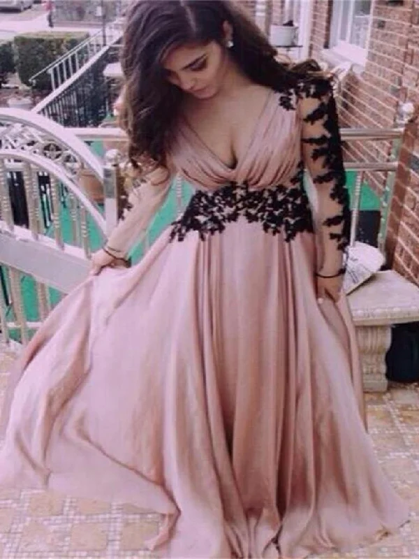 Long Sleeve Prom Dress Blush Pink Prom Dress with Sleeves Wedding Guest Dress MA023