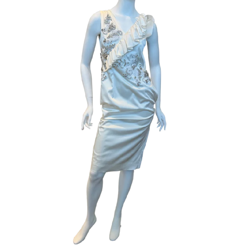 Cream Ruffled Shift Dress w/Rhinestones