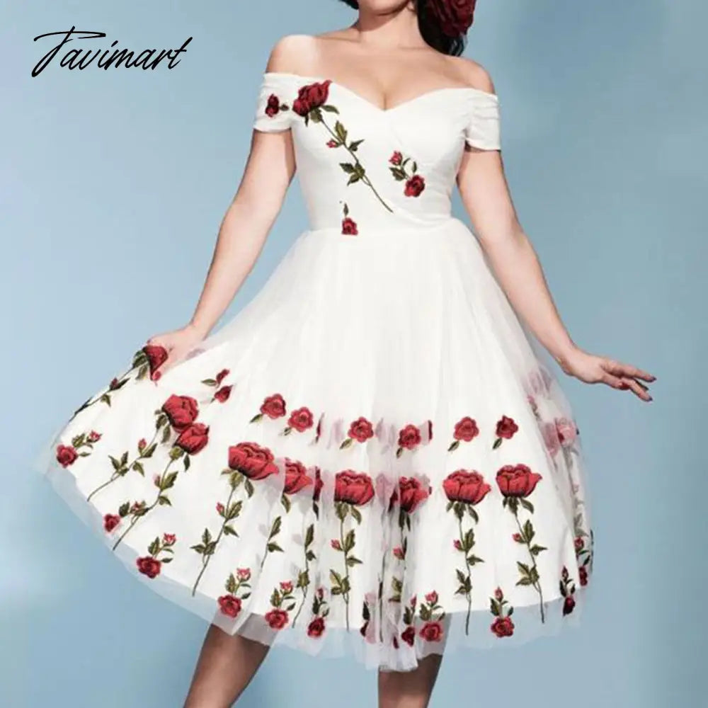 Tavimart European And American Spring New Women's French Retro Evening Dress One Neck Embroidery Rose Lace Mesh Dress For Women Tavimart European And American Spring New Women's French Retro Evening Dress One Neck Embroidery Rose Lace Mesh Dress For Women