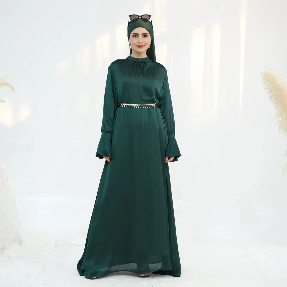 Satin Abaya Dress With Diamond Chain Belt #25758