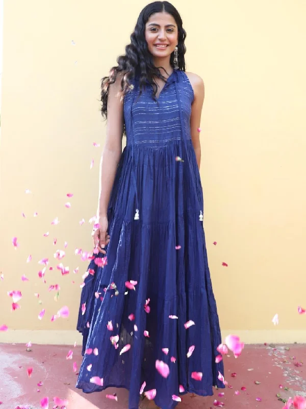 Blue Cotton Lurex Ethnic Dress with Tassels