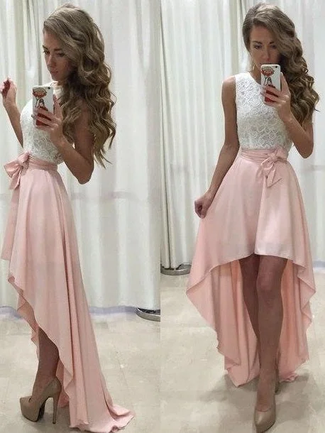 Sexy High Low Homecoming Dress White Lace Top Prom Dress with Pink Skirt