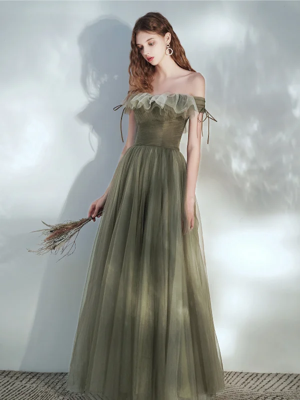 Olive Green Tulle Fairytale Long Prom Dress