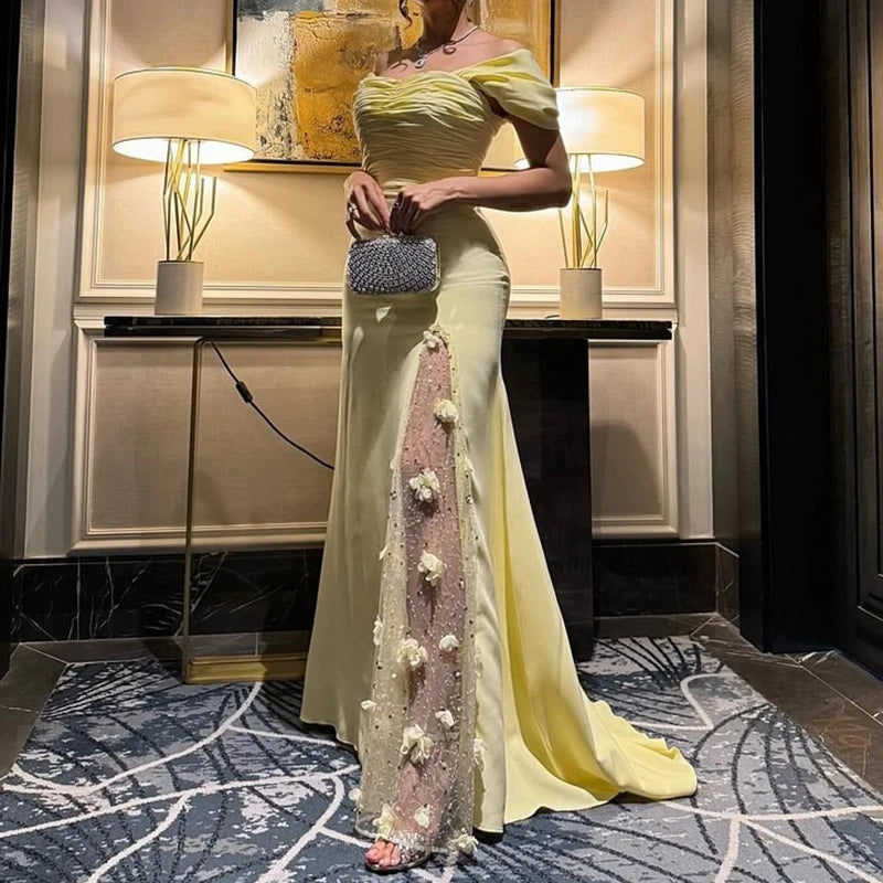 TAVIMART  -  Simple Elegant Off Shoulder Prom Gown Dress Women Yellow Lace Floral Party Evening Dress Ankle Length Special Occasion Dresseses