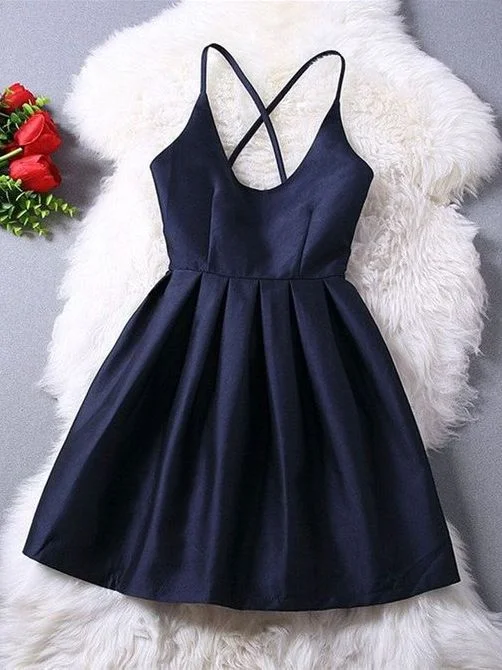 Navy Blue Scoop Neck Cross Straps Semi Formal Dress Short Prom Dress GDC1290