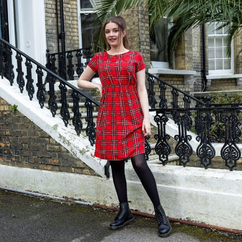 The Knee Length Breastfeeding Dress - Red Tartan
