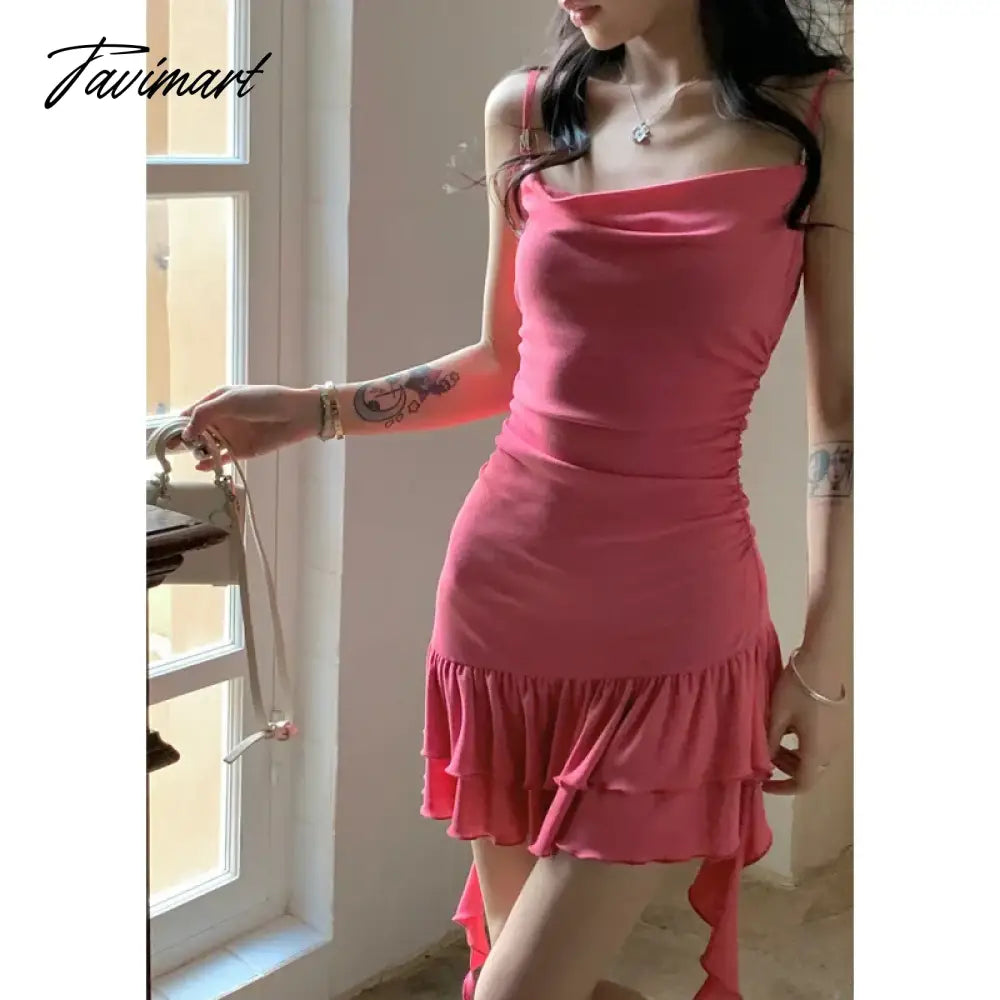 Tavimart Womens Pink Dress Sling Sleeveless Ruffles Sexy America Fashion Temperament Minimalist Female Summer NEW Solid Miniskirt Tavimart Womens Pink Dress Sling Sleeveless Ruffles Sexy America Fashion Temperament Minimalist Female Summer NEW Solid Miniskirt