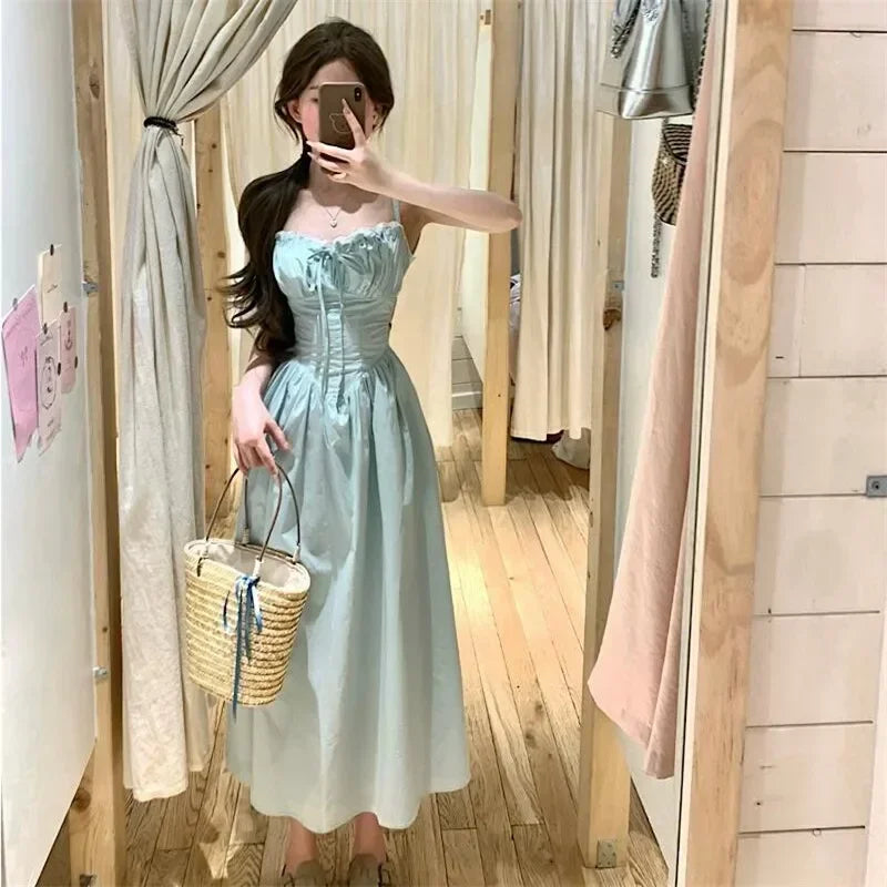 TAVIMART  -  Mint Backless Mid-length A Line Dress Summer Holiday Fashion Slash Neck A Line Strap Dress Slim Waist Fairy Seaside Beach Dress