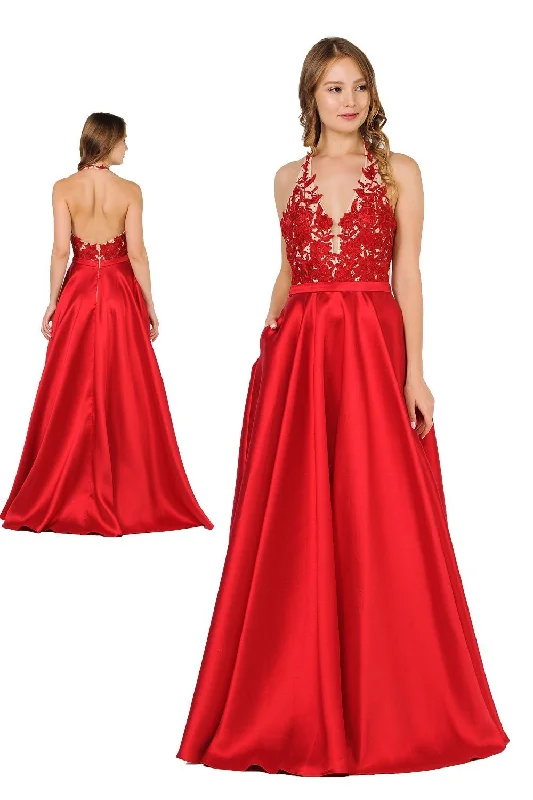 Embroidered Applique Long V-Neck Halter Dress by Poly USA 8316