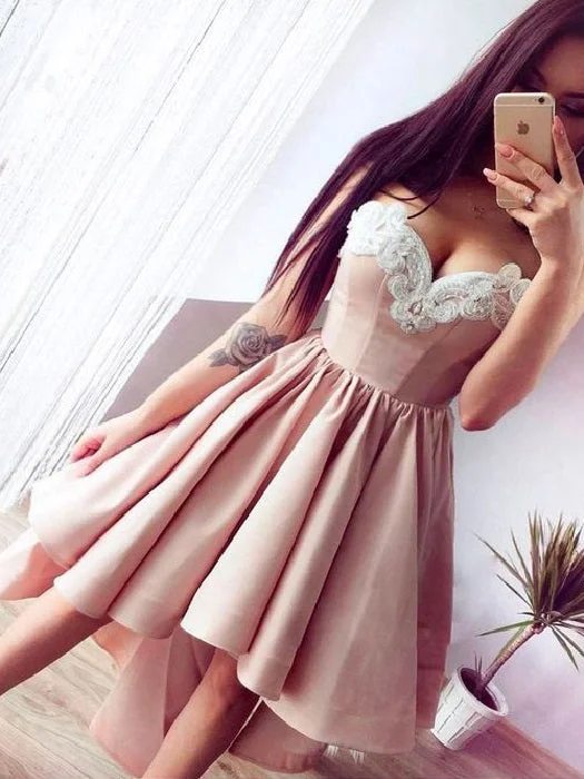 Trending Dusty Pink High Low Homecoming Dress/Prom Dress with lace appliques at neckline,#110506 Trending Dusty Pink High Low Homecoming Dress/Prom Dress with lace appliques at neckline,#110506