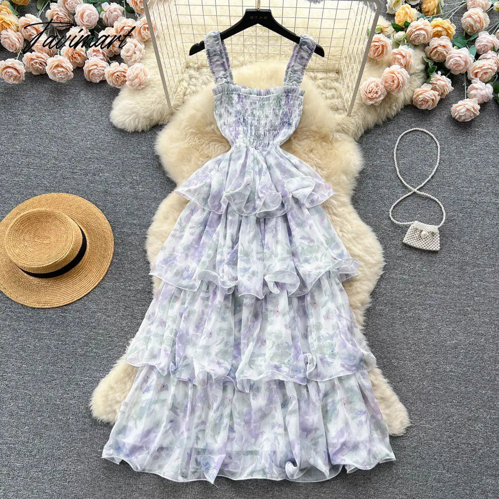 Tavimart French Style Floral Halter Dress Summer Chic Super Fairy Elastic Waist Cake Dress Tavimart French Style Floral Halter Dress Summer Chic Super Fairy Elastic Waist Cake Dress
