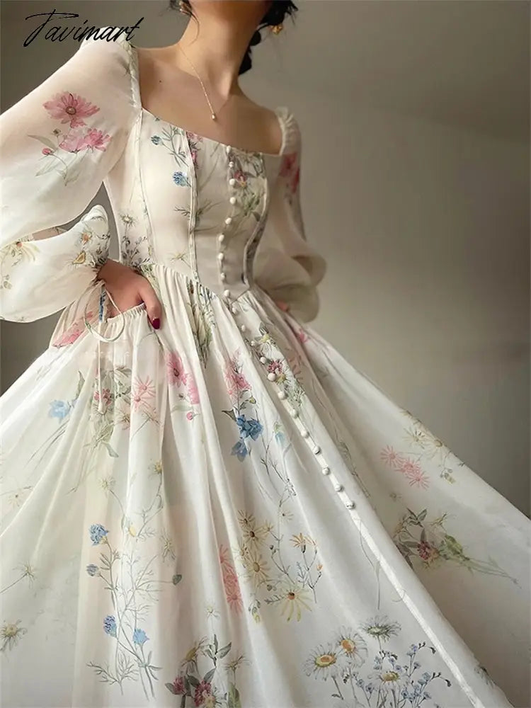 TAVIMART  -  Midi Print Dress Summer New Women Elegent Fashion French Retro Princess Fancy Party Prom Clothes Female Vestidos