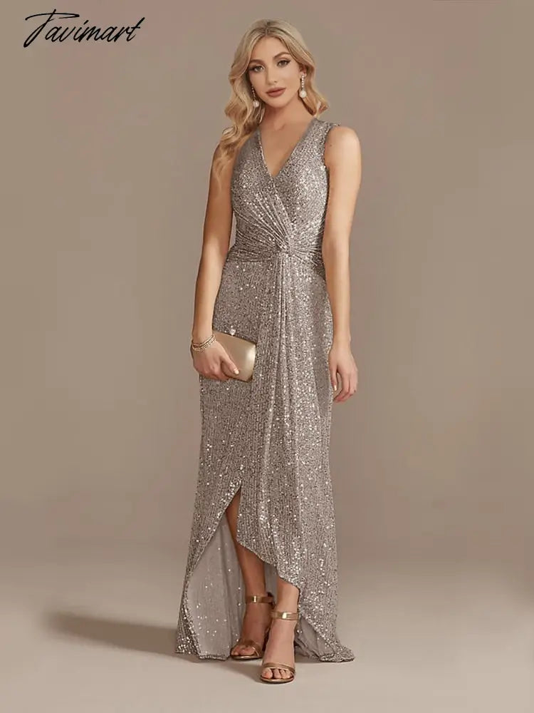 Tavimart Luxury Floor Length V-Neck Evening Dress Elegant Slit Party Women Wedding Sequins For Formal Prom Cocktail Dress