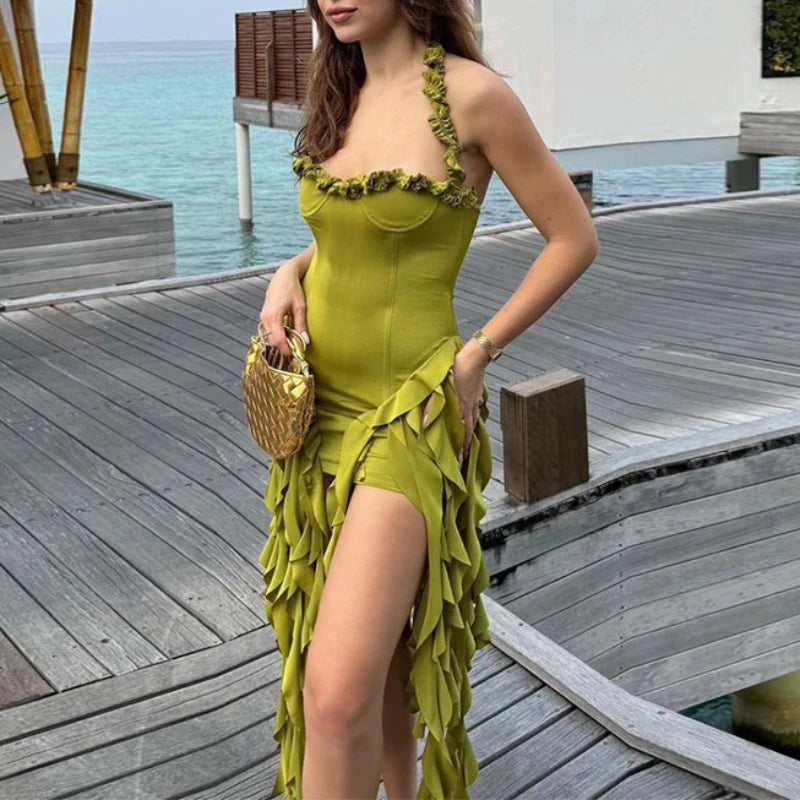 Bonnyshow Halter Solid Ruffles Fringed Dress Sleeveless Sexy Summer Dresses Women Slim Fit Asymmetrical Party Vacation Dress Vestidos Bonnyshow Halter Solid Ruffles Fringed Dress Sleeveless Sexy Summer Dresses Women Slim Fit Asymmetrical Party Vacation Dress Vestidos