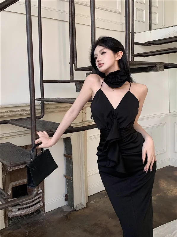 Bonnyshow Black V Neck Long Dress