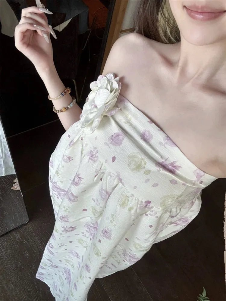 TAVIMART  -  New Summer Holiday Beach Fashion Flower Dress Strapless Women Slash Neck Long Dress Floral Print Sleeveless Resort Seaside Dress