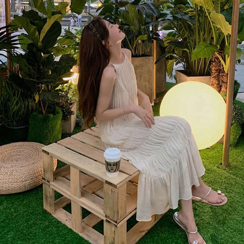 Bonnyshow Sleeveless Fashion Chiffon Dress Round Neck A-line Shape Striped Slim Long Dress Daywear Solid Color Casual Female Summer Bonnyshow Sleeveless Fashion Chiffon Dress Round Neck A-line Shape Striped Slim Long Dress Daywear Solid Color Casual Female Summer