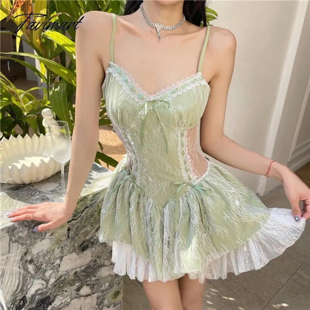 Tavimart Summer Sexy but Cute Style High Quality Lace Stitching Suspender Dress Design Slim Waist Dresses Super Fairy Tavimart Summer Sexy but Cute Style High Quality Lace Stitching Suspender Dress Design Slim Waist Dresses Super Fairy
