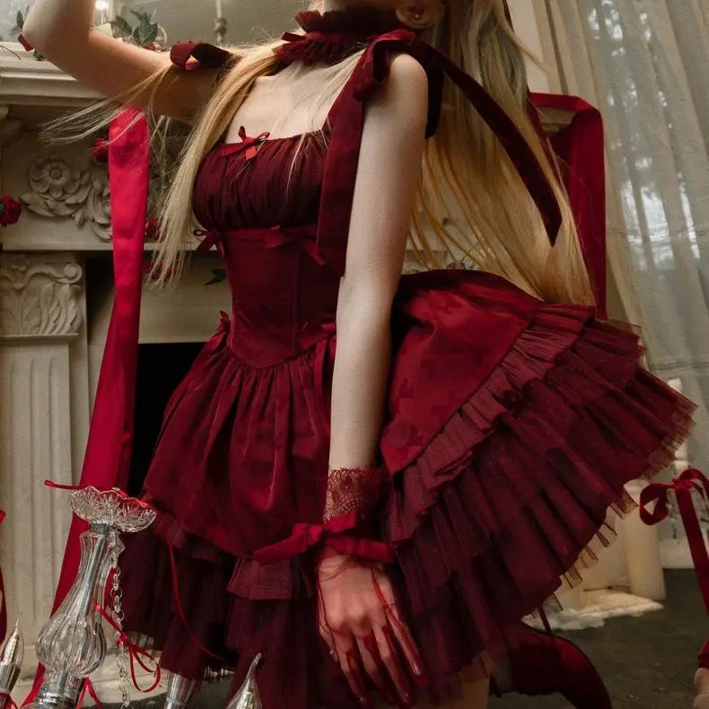 TAVIMART - Small Ribbon Lolita Retro Ballet Style Sp Lolita Puffy Dress Jsk Red Dreamy Purple Cake Dress Princess Dress Women TAVIMART - Small Ribbon Lolita Retro Ballet Style Sp Lolita Puffy Dress Jsk Red Dreamy Purple Cake Dress Princess Dress Women