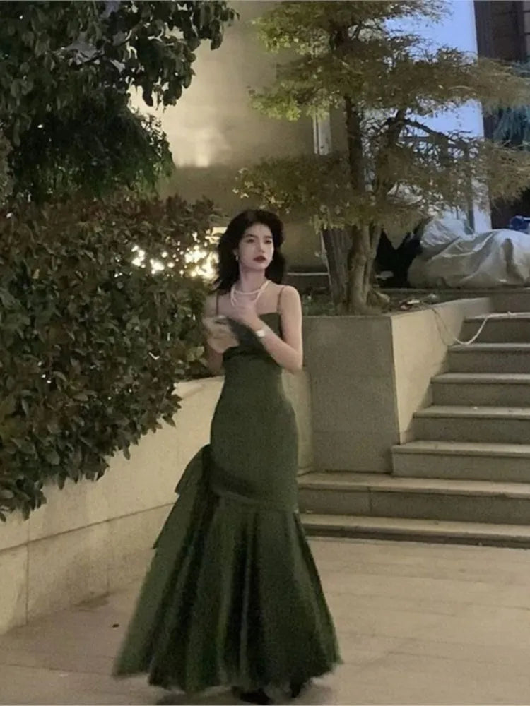Bonnyshow French High-end Design Sling Backless Waist Slim-fit Bag Hip Pleated Bow Fishtail Long Dress Banquet Evening Dress Bonnyshow French High-end Design Sling Backless Waist Slim-fit Bag Hip Pleated Bow Fishtail Long Dress Banquet Evening Dress