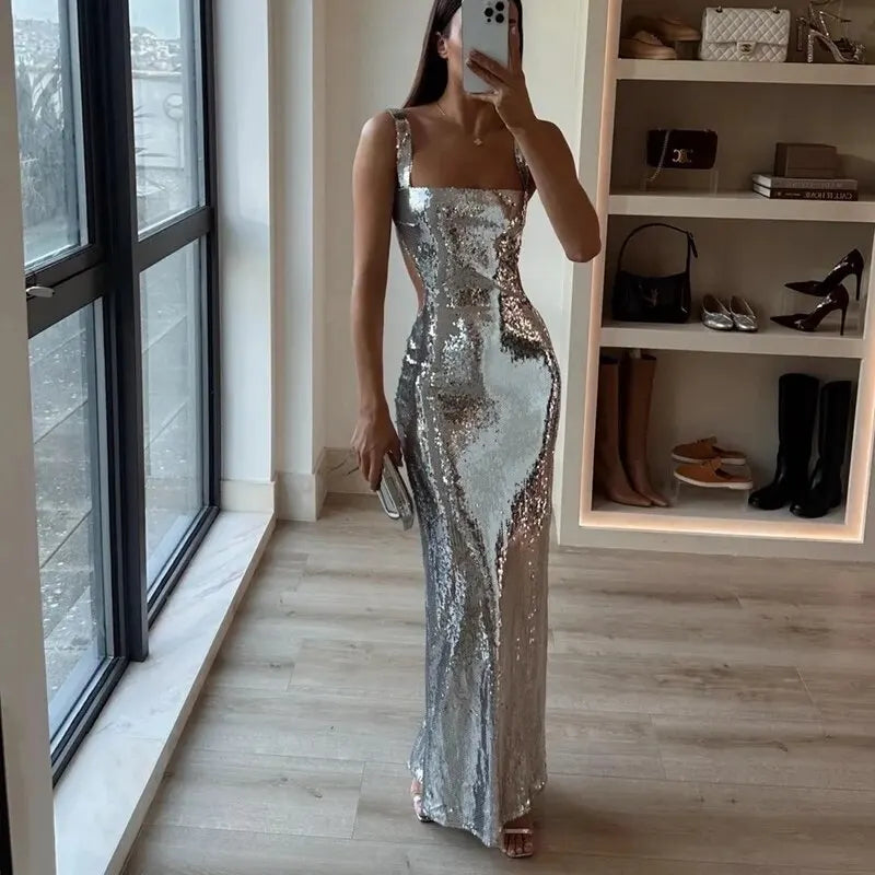 Bonnyshow European and American Spring New Women's Fashion Sexy Sequin Sling Long Party Club Dress Bonnyshow European and American Spring New Women's Fashion Sexy Sequin Sling Long Party Club Dress