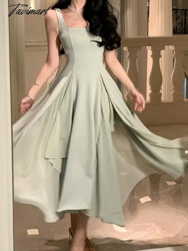 Tavimart Elegant Sleeveless Female A-line Dress Summer Ladies Vestidos Spaghetti Strap Slim Waist Mesh Patchwork Women Dress