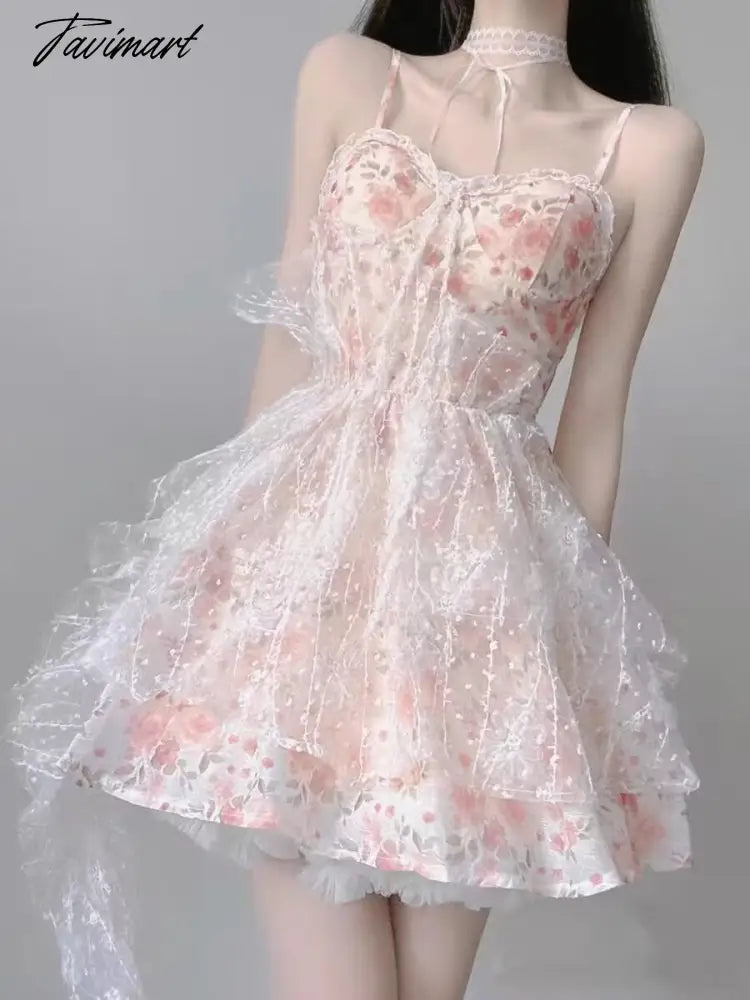 Tavimart Summer New Sweet Lace Floral Kawaii Princess Dress Japanese Cute Girl Thin Waist Mini A-line Birthday Party Evening Dress