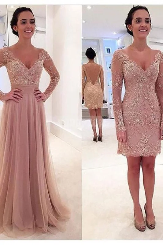 Dusty Pink Long Sleeve Prom Dress With Tulle Detachable Train