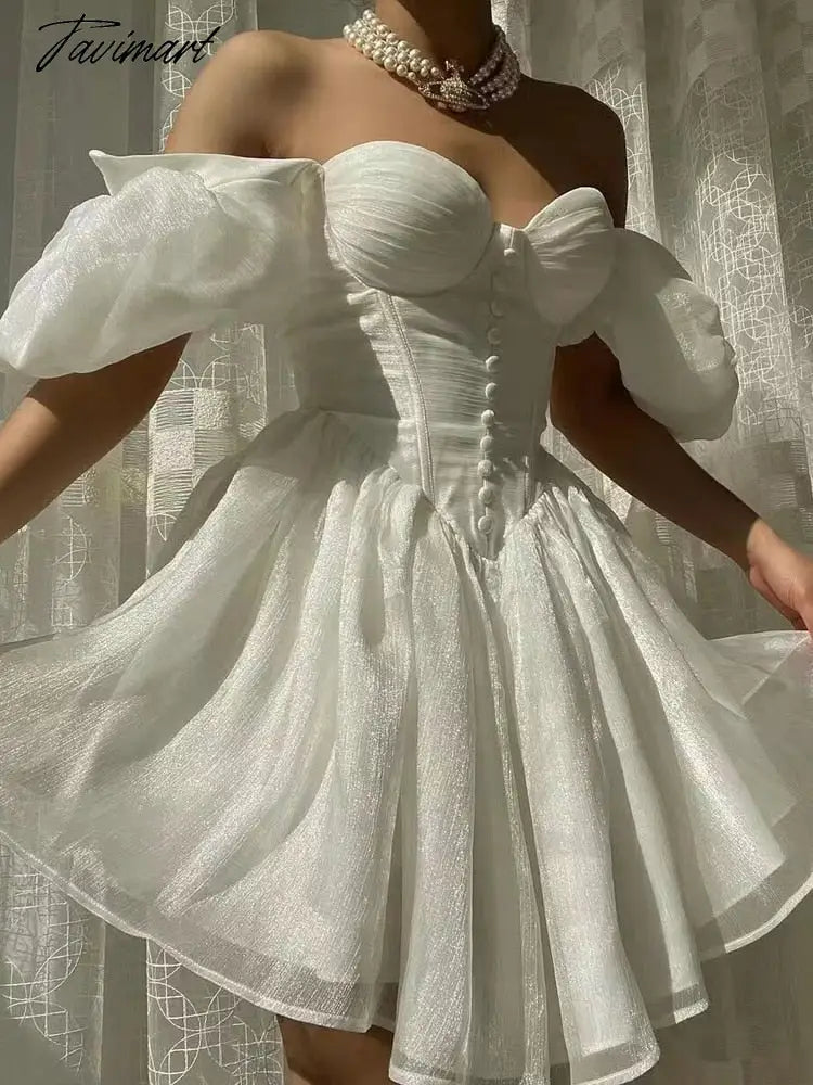 Tavimart Women's Puff Sleeve Tulle Mini Princess Dress Elegant Chic Party Vintage A-Line Dress Women's Wedding Party Ball Mini Fairy Dres