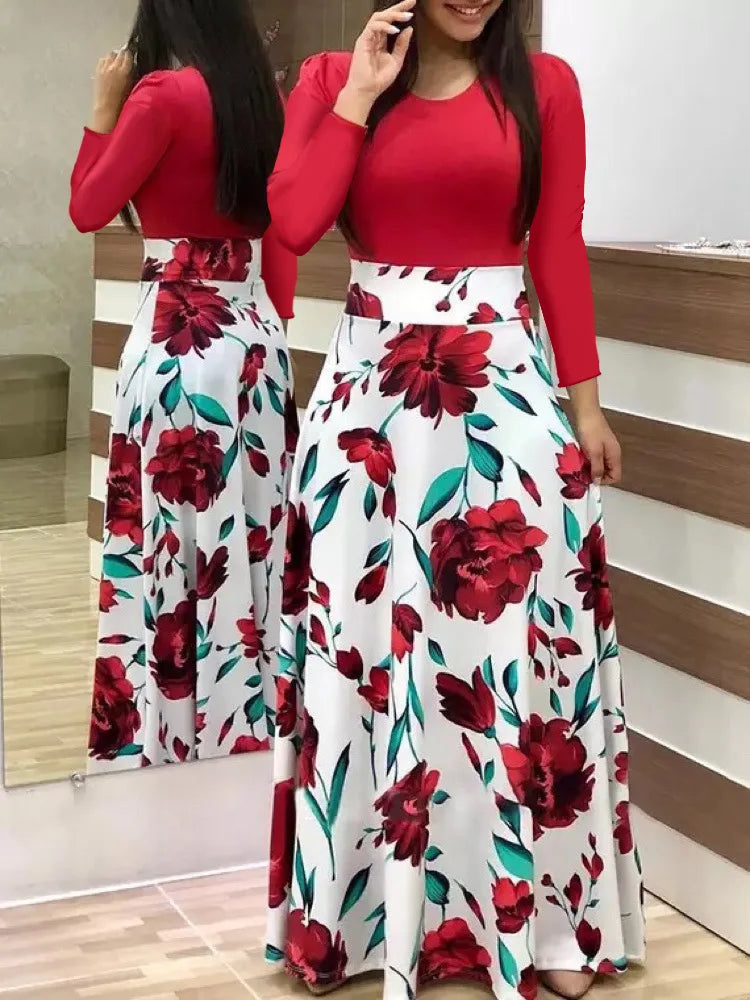 Fast Fashion - White/Red Long Sleeve Rose Dress - Women's