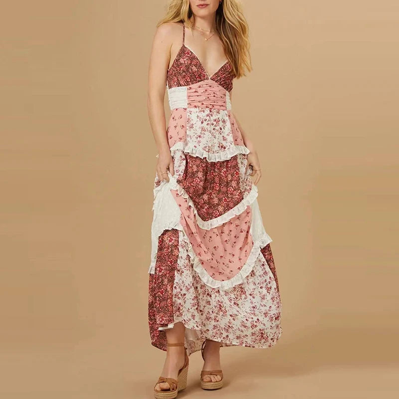 TAVIMART - Sexy Deep V Hollow Summer Long Dress Elegant Floral Print Pleated Women's Dress Fashion Off Shoulder High Waist Bohemian Dresses TAVIMART - Sexy Deep V Hollow Summer Long Dress Elegant Floral Print Pleated Women's Dress Fashion Off Shoulder High Waist Bohemian Dresses