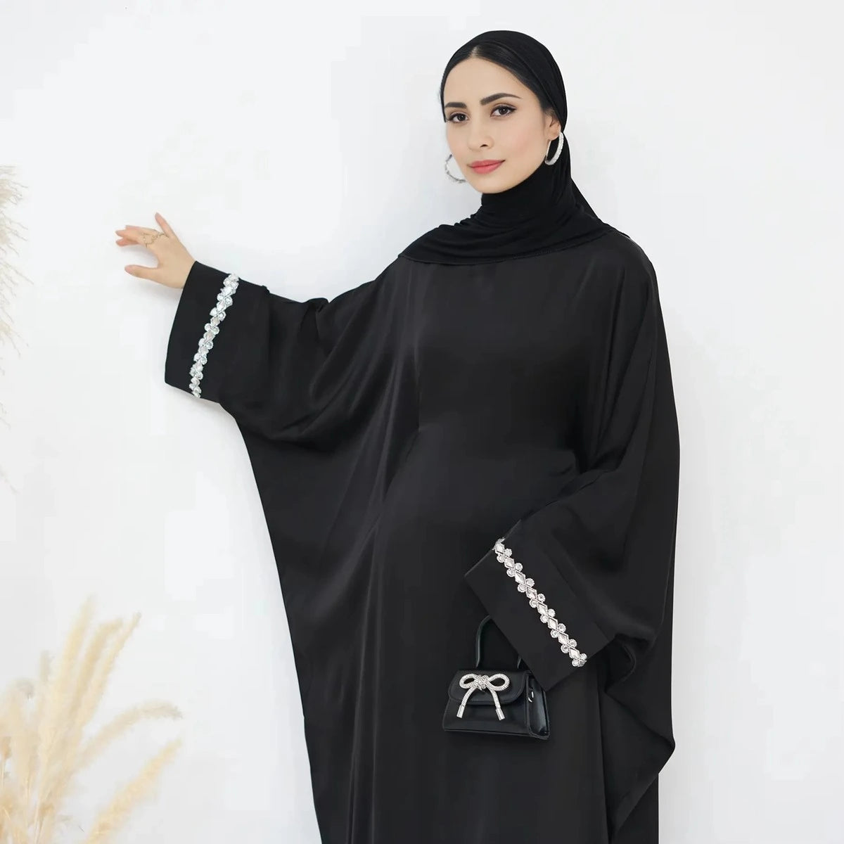 Hotfix Rhinestone Satin Abaya Dress #25814