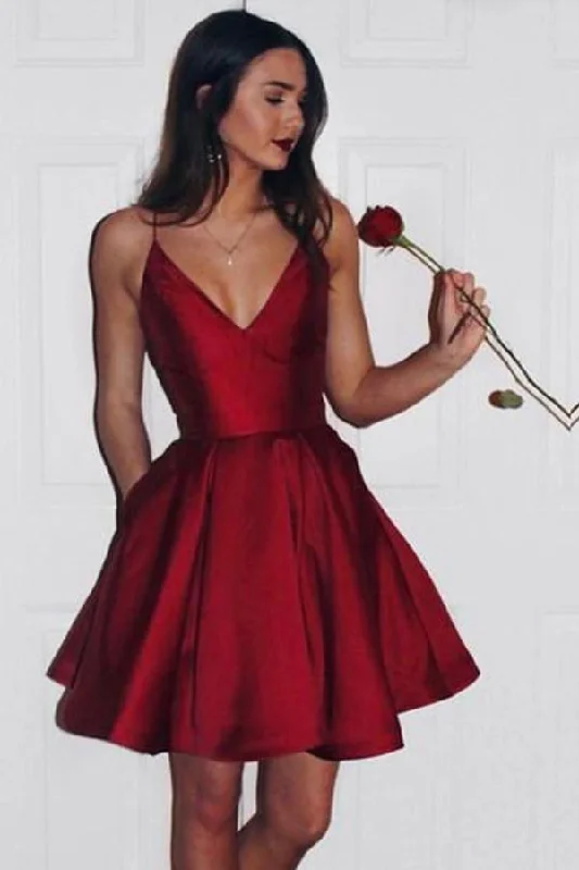 Burgundy Short Spaghetti Strap V-Neck Prom Dress